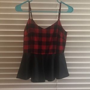 Faux leather and plaid peplum top